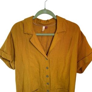 Pilcro Anthropologie Mustard Linen Blend Shirt Dress | Button Front Mini